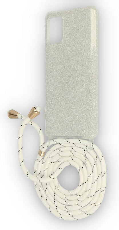 Samsung Galaxy A51 Case - Silver - Glitter Back Cover with Phone Strap