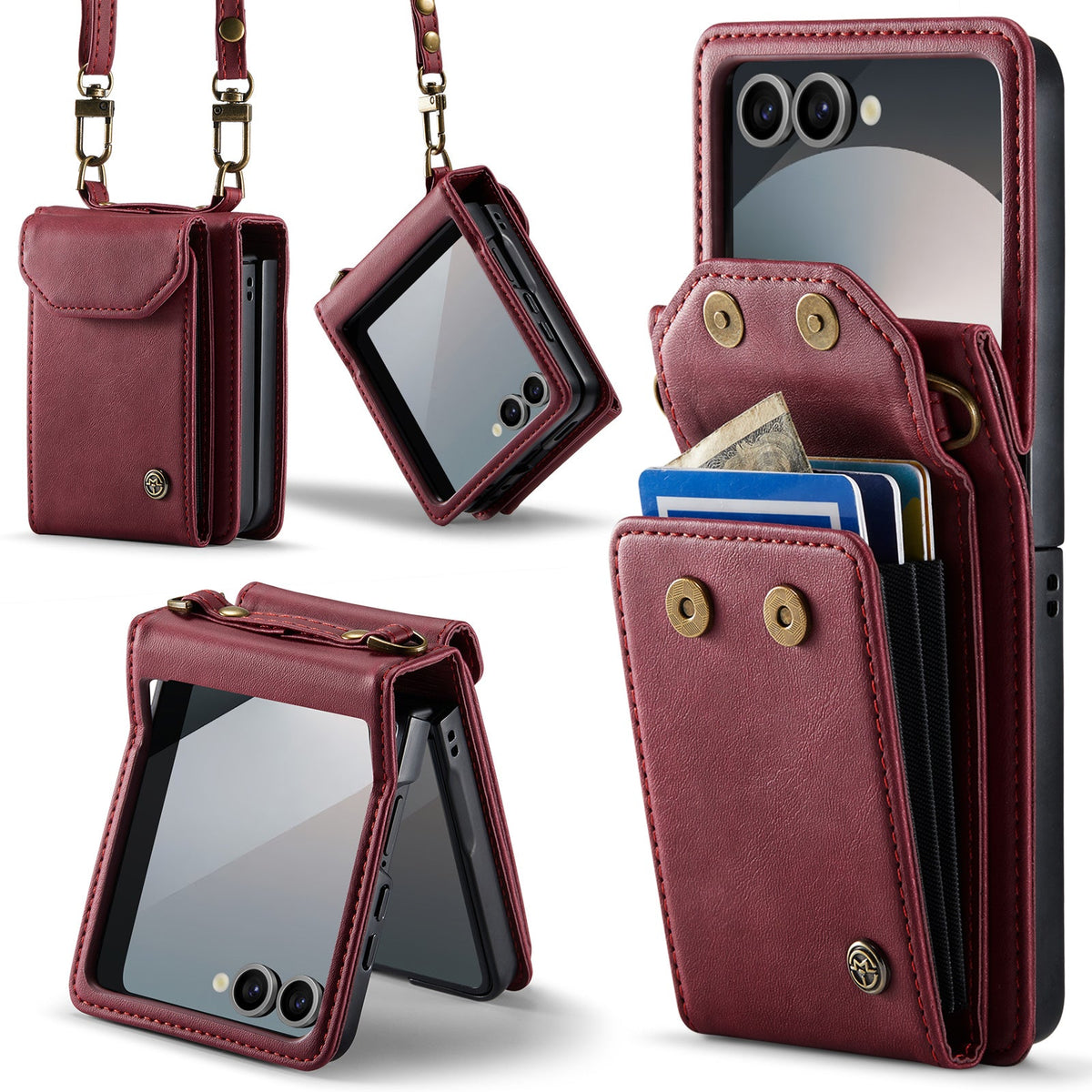 Samsung Galaxy Z Flip 7 Hoesje - Burgundy Red - Portemonnee Bookcase met Telefoonkoord