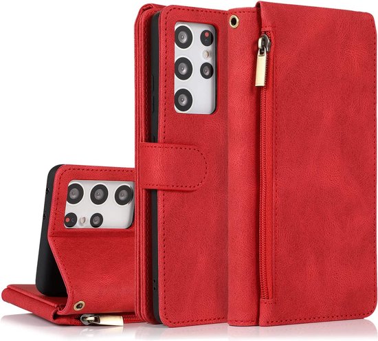 Samsung Galaxy S22 Ultra Hoesje - Rood - Extra Stevige Luxe Bookcase met Rits en Vakken