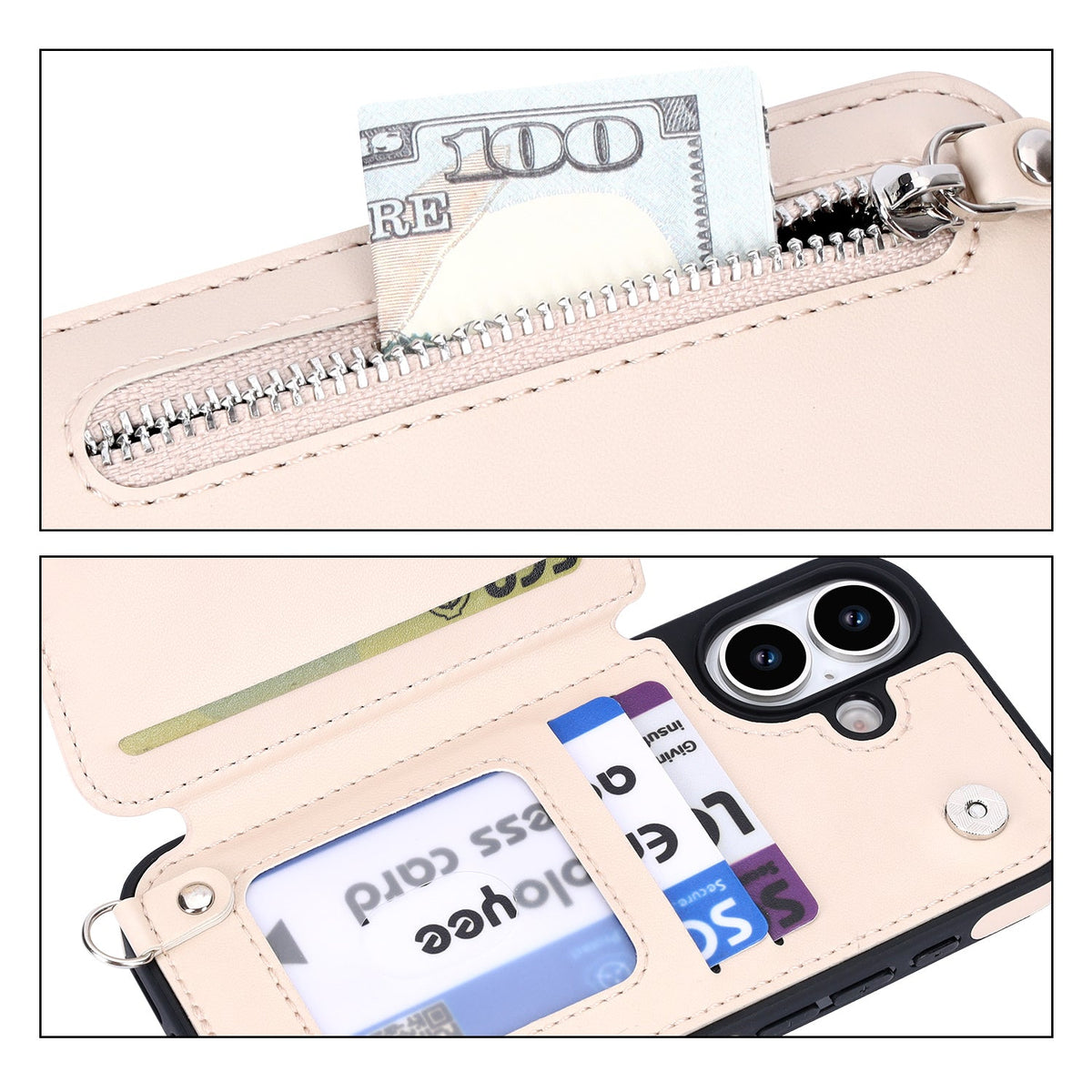 iPhone 17 Hoesje - Beige - Luxe Back Cover met Telefoonkoord en Rits