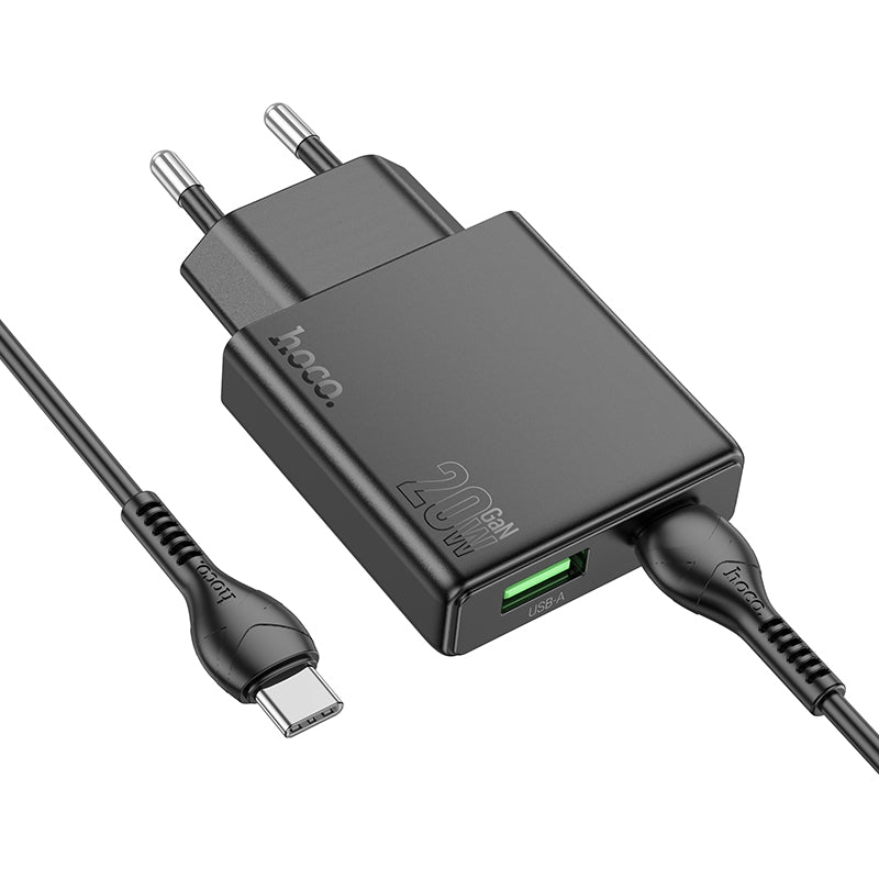 Hoco 20W Slim-Schnellladegerät 2-Port USB-C + USB-A mit USB-C-Kabel 1m - Schwarz