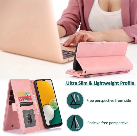 Apple iPhone 13 Pro Case - Pink - Extra Sturdy Luxury Wallet Case with Zip and Compartments
