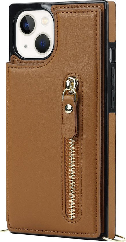 Apple iPhone 15 Hoesje - Bruin - Luxe Back Cover met Telefoonkoord en Rits