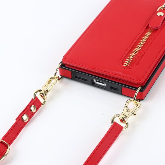 Apple iPhone 14 Plus Case - Red - Luxury Back Cover with Phone Strap and Zipper