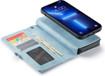 Apple iPhone 13 Pro Max Hülle - Aqua Blue - Luxus-2-in-1-Klapphülle mit 10 Kartenfächern und Handschlaufe