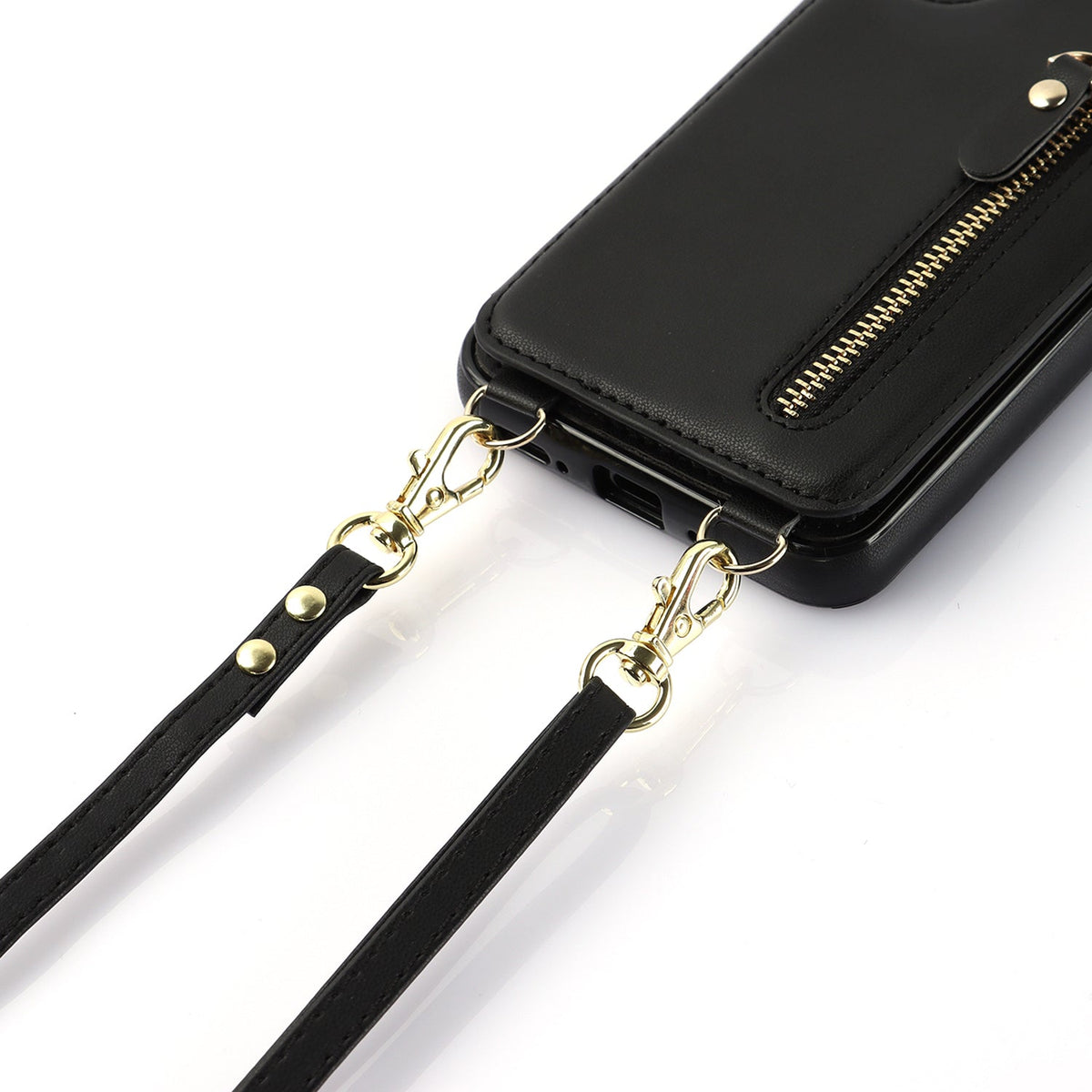 Samsung Galaxy A15 Case - Black - Luxury Back Cover with Phone Strap and Zip