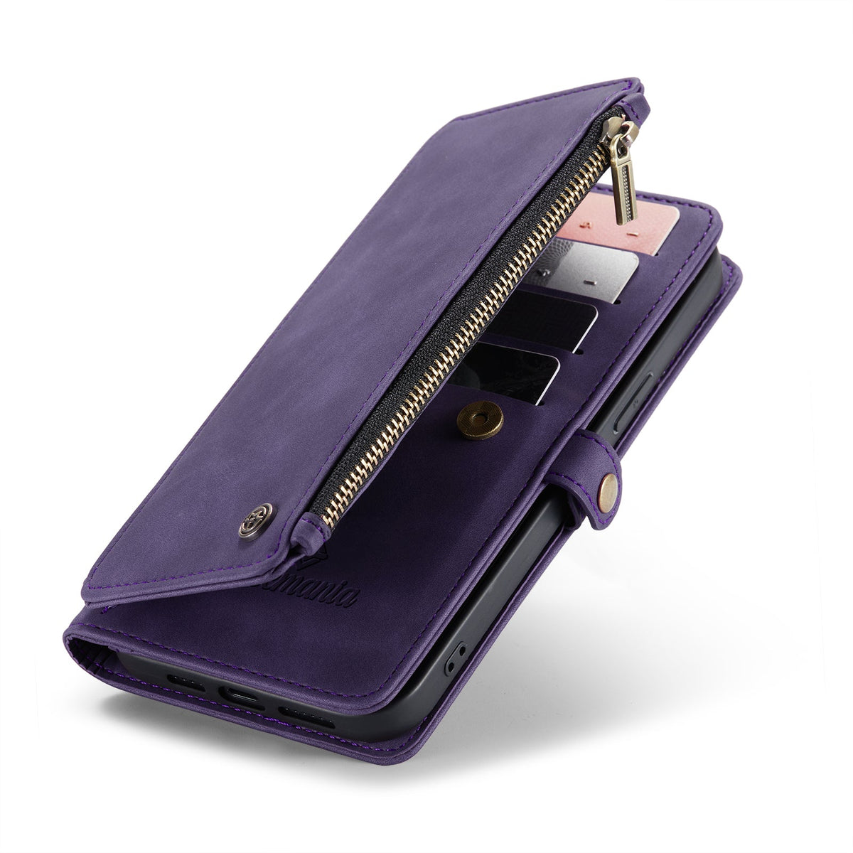 Apple iPhone 15 Hoesje - Dark Purple - Luxe MagSafe Bookcase met Rits en Telefoonkoord