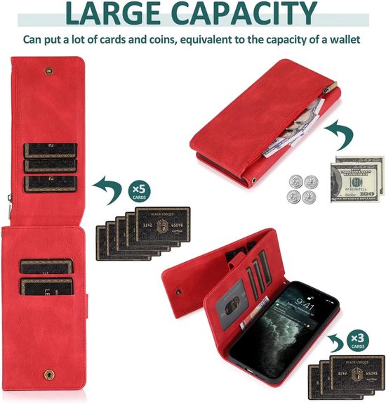 Apple iPhone 13 Pro Max Hoesje - Rood - Extra Stevige Luxe Bookcase met Rits en Vakken