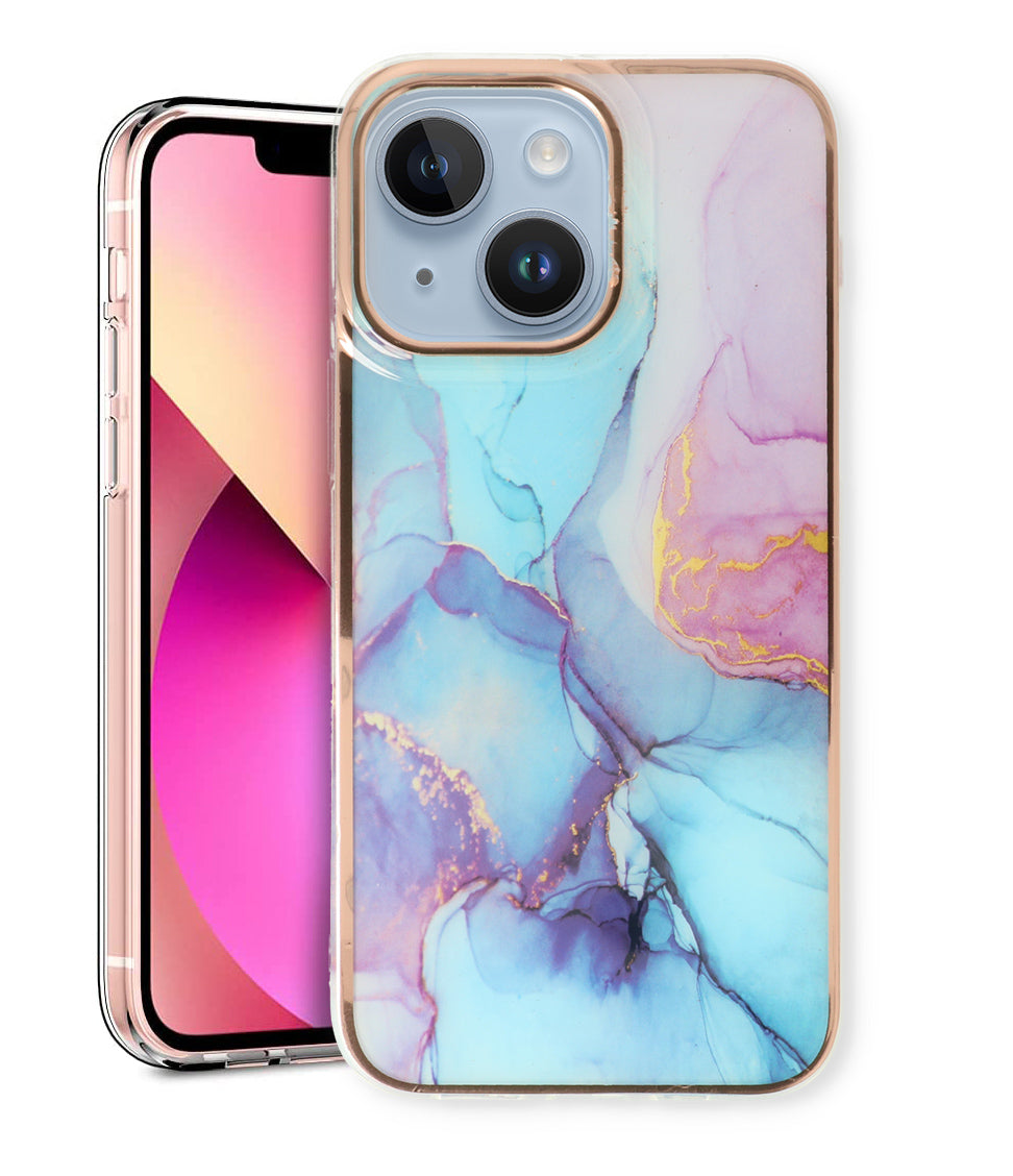 Apple iPhone 15 Plus Hoesje - Blauw - Siliconen Marmer Back Cover