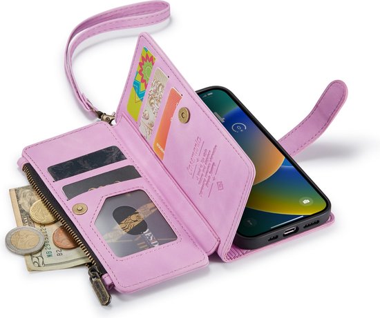 Apple iPhone 14 Plus Hoesje - Pastel Pink - Luxe Bookcase met Rits en Telefoonkoord