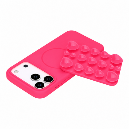 Apple iPhone 17 Pro Max Hoesje - Neon Roze - Siliconen Back Cover met Afneembare Hartjes Zuignappen