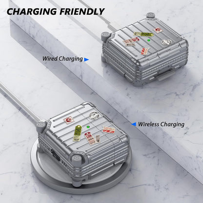 Apple AirPods 4 Hoesje - Koffer Suit Case met Stickers - Zilver