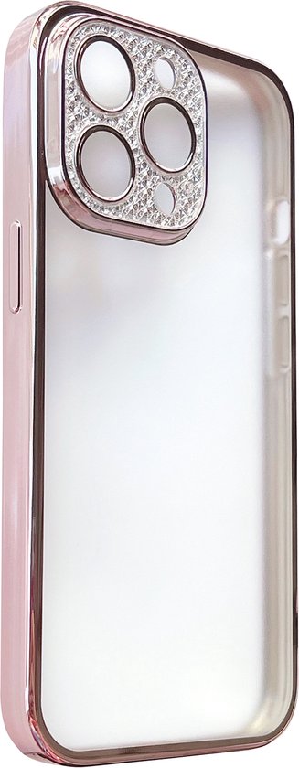 Apple iPhone 12 Hoesje - Roze - Transparant Glitter Back Cover met Camerabescherming