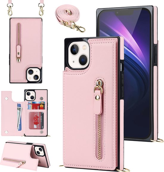 Apple iPhone 15 Hoesje - Roze - Luxe Back Cover met Telefoonkoord en Rits