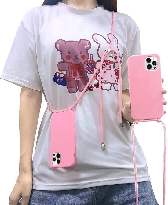 Apple iPhone 13 Pro Hoesje - Roze - Siliconen MagSafe Back Cover met Telefoonkoord