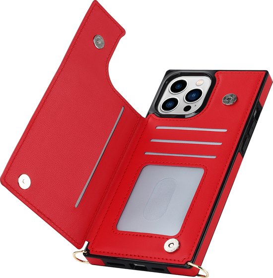 Apple iPhone 14 Pro Hoesje - Rood - Luxe Back Cover met Telefoonkoord en Rits