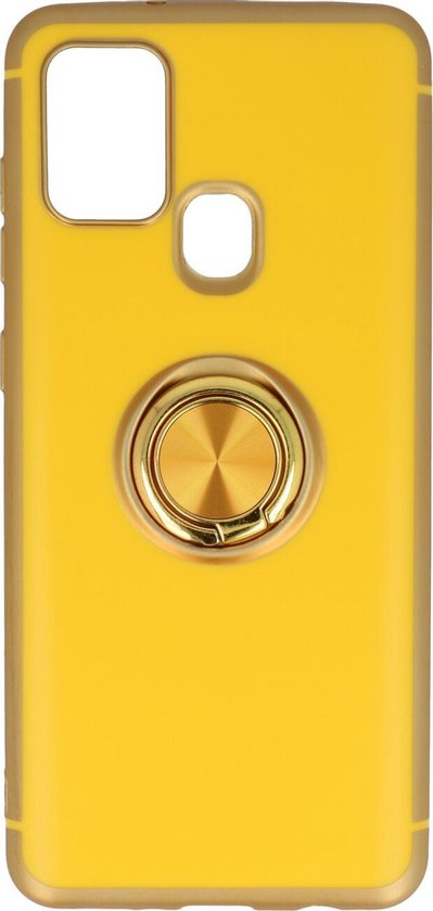Samsung Galaxy A21s Hoesje - Geel - Siliconen Ring Kickstand Back Cover