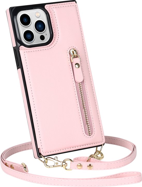 Apple iPhone 15 Pro Hoesje - Roze - Luxe Back Cover met Telefoonkoord en Rits