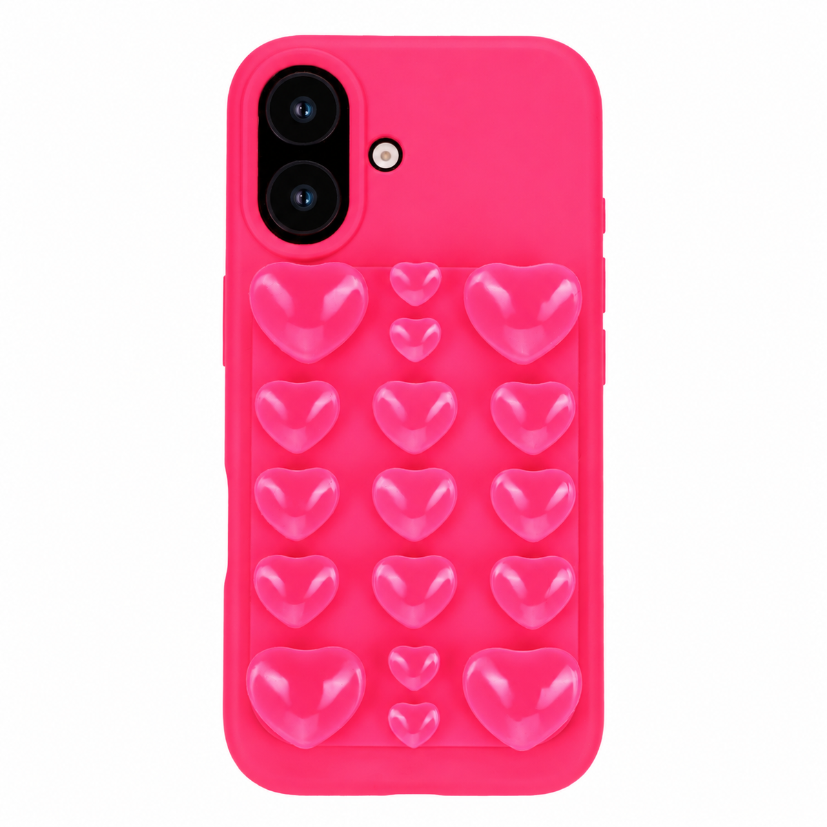 Apple iPhone 16 Hoesje - Neon Roze - Siliconen Back Cover met Afneembare Hartjes Zuignappen