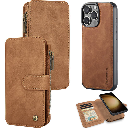 Apple iPhone 16 Pro Max Hülle - Sienna Brown - 2-in-1 Klapphülle mit Kartenfach und Reißverschluss