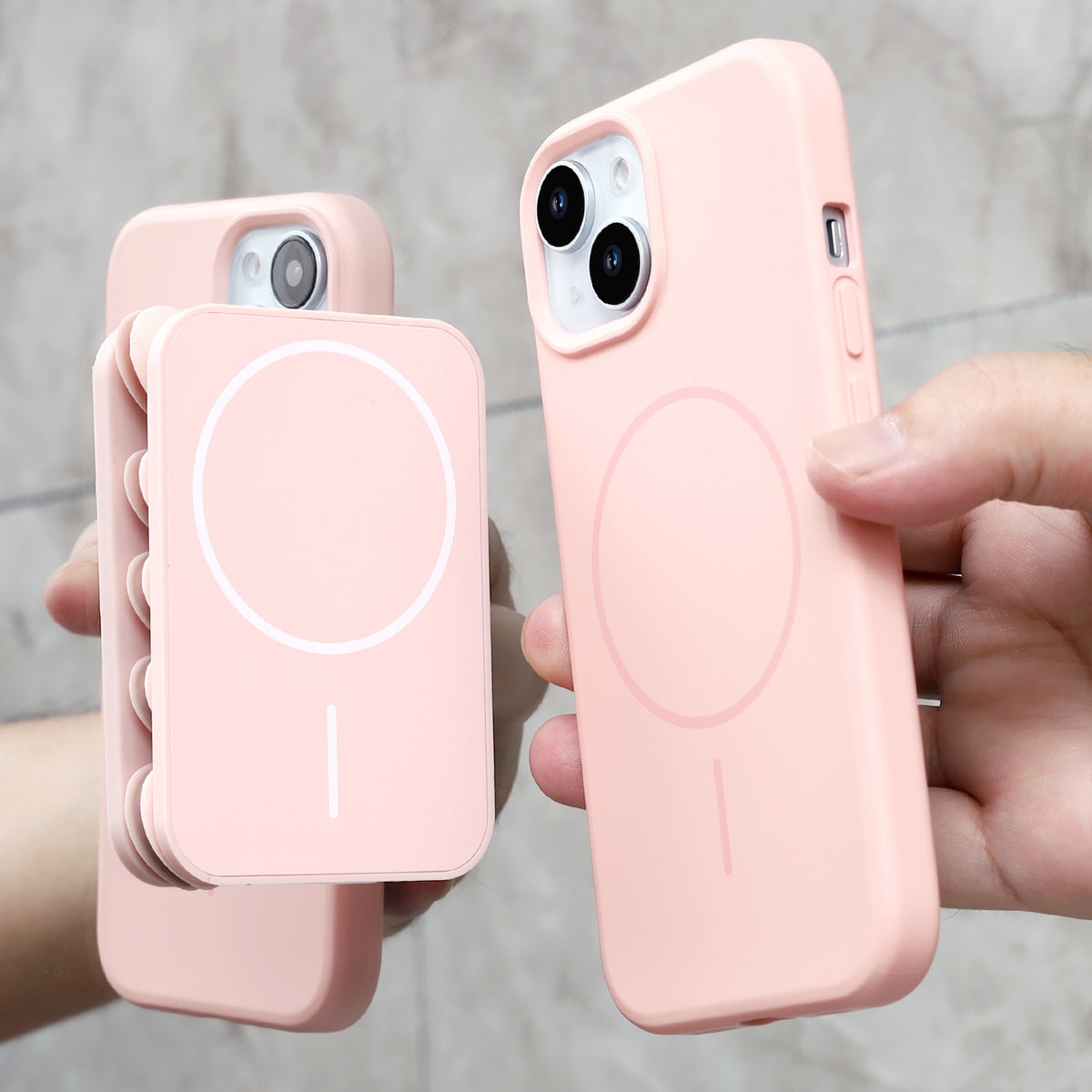 Apple iPhone 15 Hoesje - Licht Roze - Siliconen Back Cover met Afneembare Hartjes Zuignappen