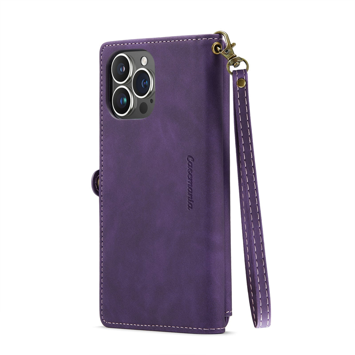 Apple iPhone 15 Hoesje - Dark Purple - Luxe MagSafe Bookcase met Rits en Telefoonkoord