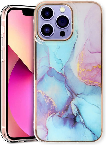Apple iPhone 14 Pro Max Hoesje - Blauw - Siliconen Marmer Back Cover