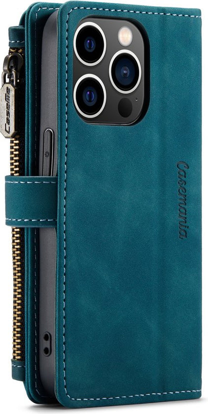 Apple iPhone 14 Pro Hülle - Emerald Green - Luxus Klapphülle mit Kartenfach, Reißverschluss und Handykette
