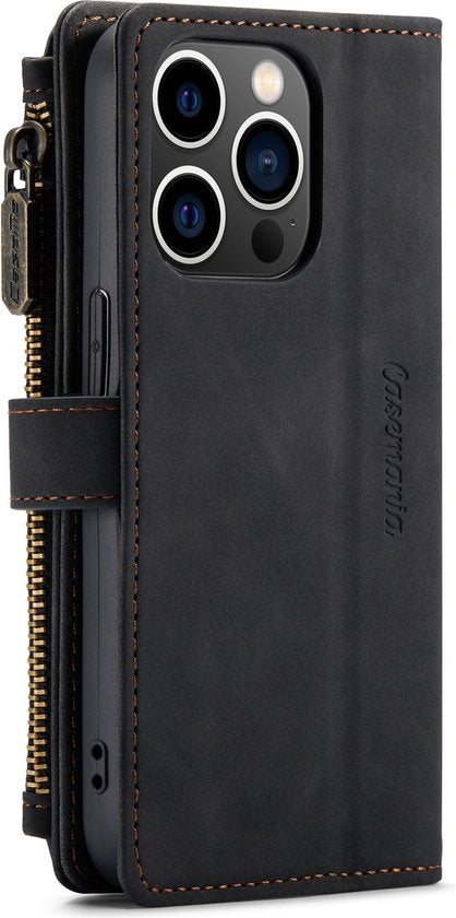 Apple iPhone 14 Pro Hülle - Charcoal Gray - Luxus Klapphülle mit Kartenfach, Reißverschluss und Handykette