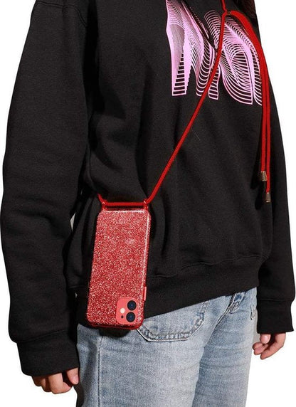 Samsung Galaxy S21 Hoesje - Rood - Glitter Back Cover met Telefoonkoord