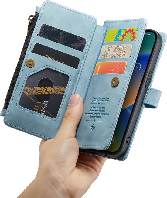 Apple iPhone 14 Hoesje - Aqua Blue - Luxe Bookcase met Rits en Telefoonkoord