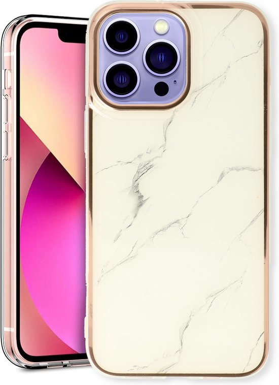 Apple iPhone 14 Pro Max Hoesje - Wit - Siliconen Marmer Back Cover