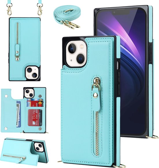 Apple iPhone 14 Case - Turquoise - Luxury Back Cover with Phone Strap and Zipper