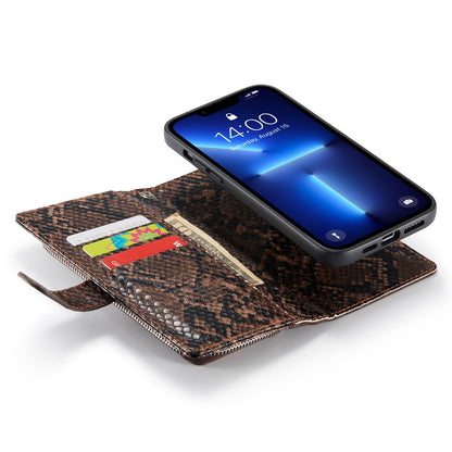 Apple iPhone 13 Pro Max Hülle - Braun - Extra Robuste Luxus Schlangenprint Klapphülle mit Kartenfach und Reißverschluss