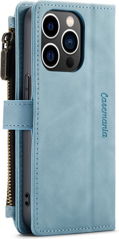 Apple iPhone 14 Pro Hoesje - Aqua Blue - Luxe Bookcase met Rits en Telefoonkoord