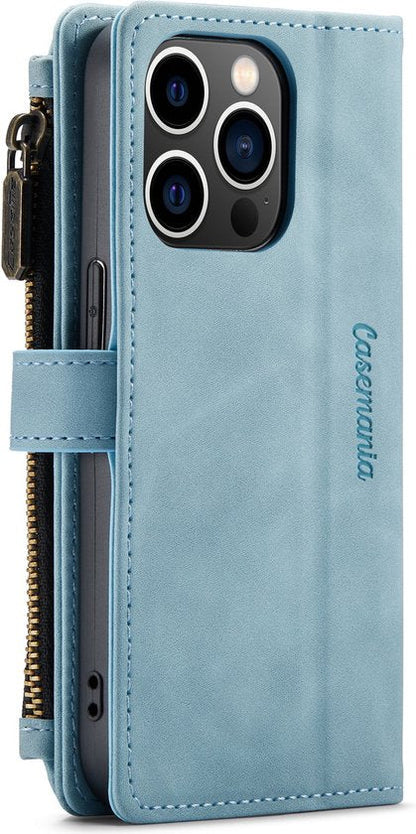 Apple iPhone 14 Pro Hoesje - Aqua Blue - Luxe Bookcase met Rits en Telefoonkoord
