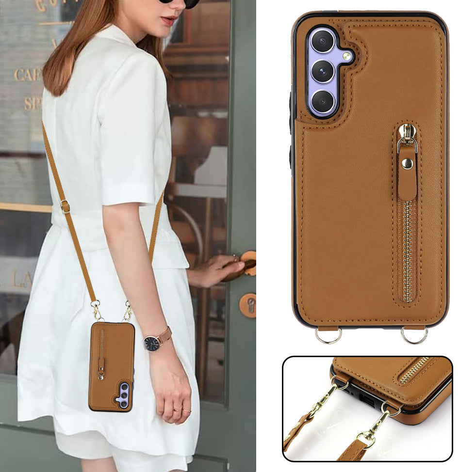 iPhone 16 Case - Brown - Luxury Back Cover with Phone Strap and Zip