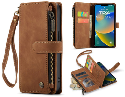Apple iPhone 14 Hoesje - Sienna Brown - Luxe Bookcase met Rits en Telefoonkoord