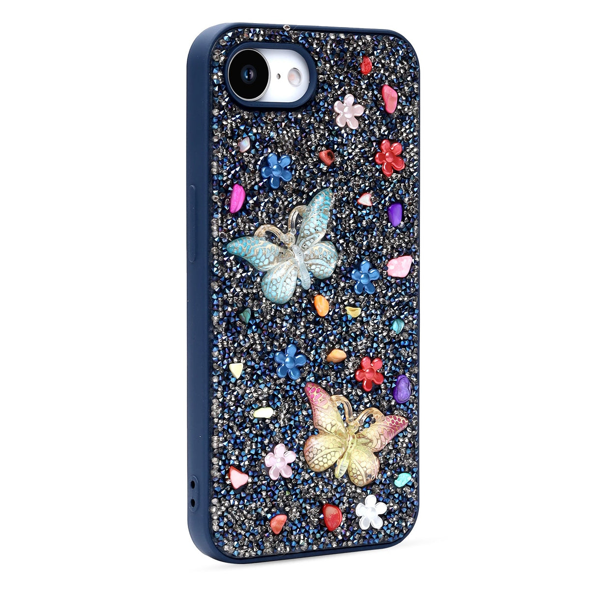 Coque iPhone 16e Apple - Papillons bleus - Étui arrière à paillettes diamant papillon