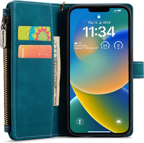 Apple iPhone 14 Plus Hülle - Emerald Green - Luxus Klapphülle mit Kartenfach, Reißverschluss und Handykette