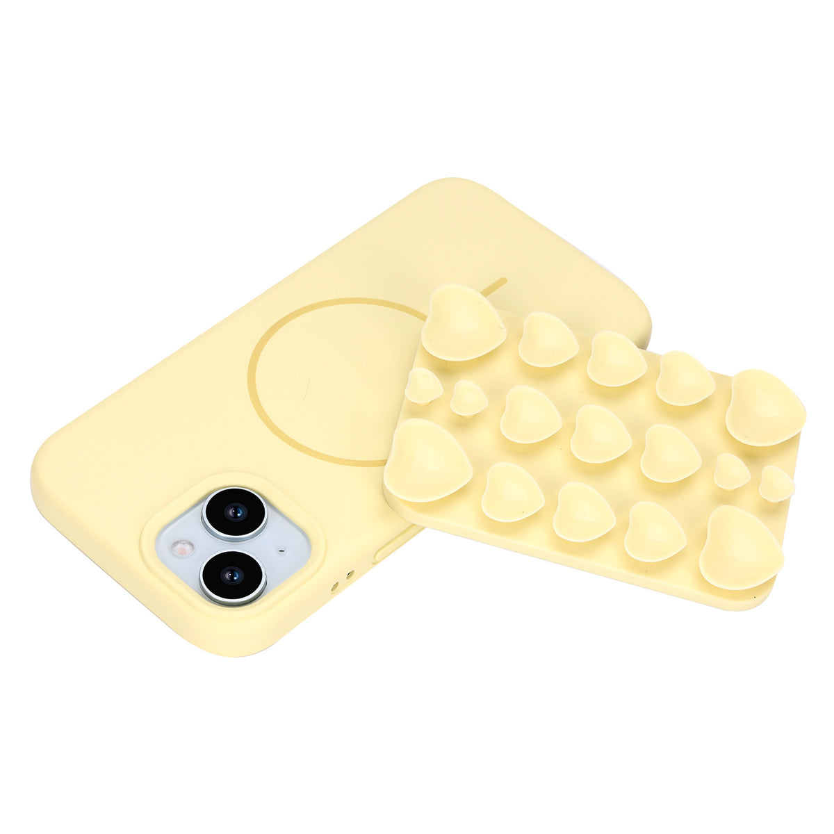 Apple iPhone 13 Hoesje - Geel - Siliconen Back Cover met Afneembare Hartjes Zuignappen
