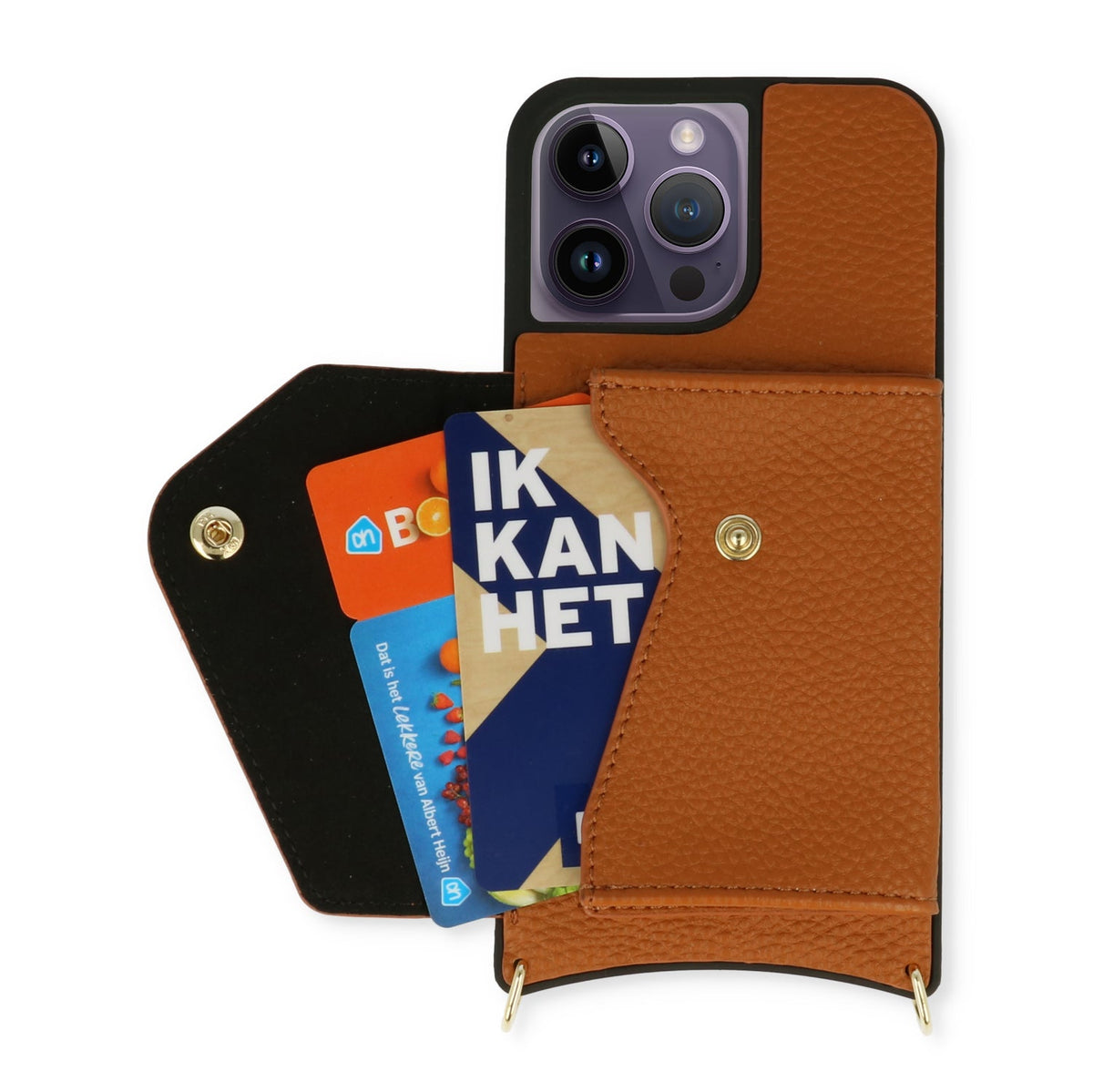 Apple iPhone 14 Pro Hoesje - Bruin - Luxe Back Cover met Telefoonkoord