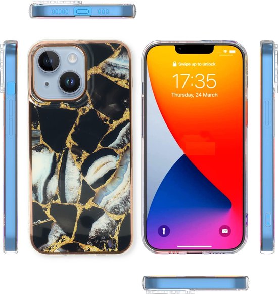 Apple iPhone 13 Hoesje - Zwart - Siliconen Marmer Back Cover