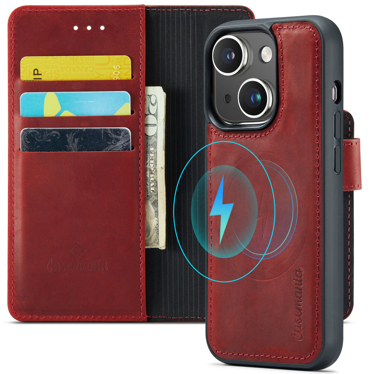 Apple iPhone 15 Plus Hülle - Crimson Red - Echtleder-2-in-1-MagSafe-Klapphülle mit Kartenfach