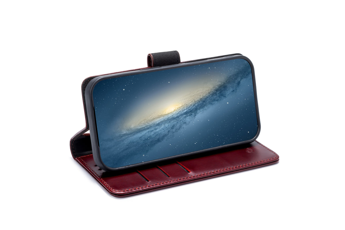 Apple iPhone 18 Pro Case - Maroon Red - Genuine Leather Wallet Case