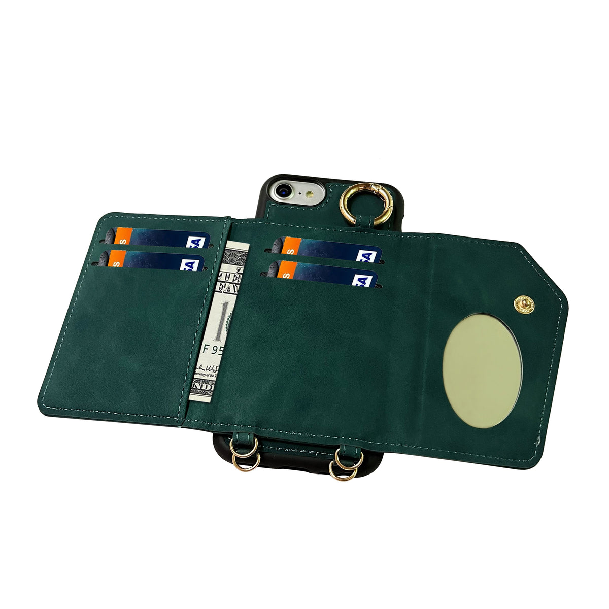 Apple iPhone 7 Case - Emerald Green - Back Cover with Mirror, Sliding Card Holder and Phone Strap