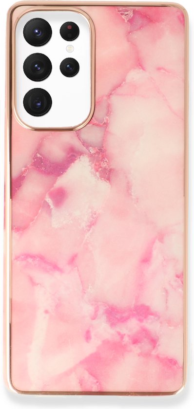 Samsung Galaxy S24 Ultra Hoesje - Roze - Siliconen Marmer Back Cover