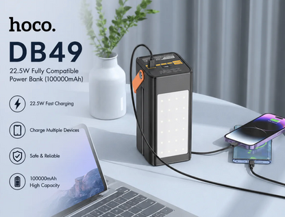 Hoco Powerbank 100.000mAh 22.5W met Ingebouwde Kabels - Zwart