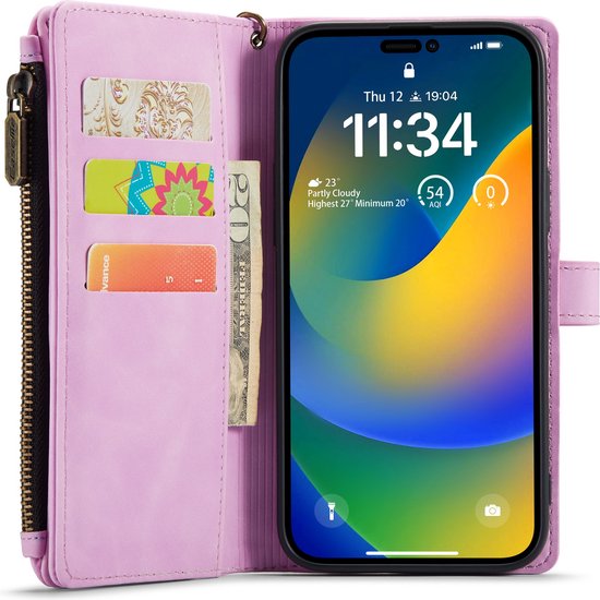 Apple iPhone 14 Pro Hoesje - Pastel Pink - Luxe Bookcase met Rits en Telefoonkoord