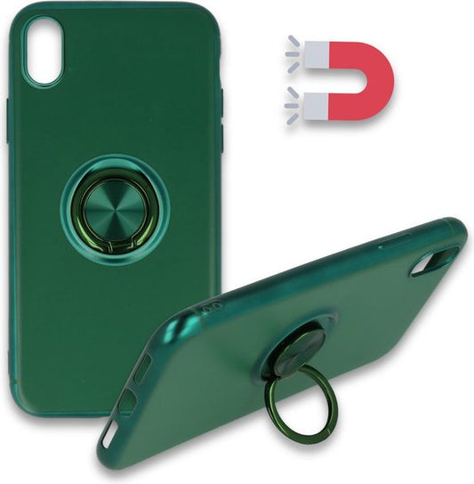 Apple iPhone Xs Max Hoesje - Groen - Siliconen Ring Kickstand Back Cover